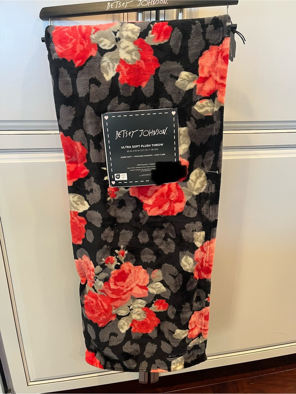 Betsey Johnson Ultra Soft Plush Throw Blanket- Black with Red Rose Print